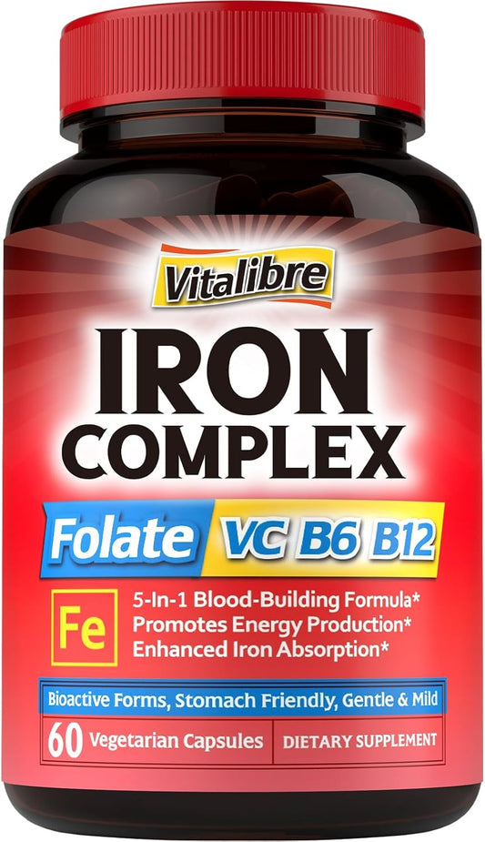 Iron Supplement with Vitamins C, B6, B12 & Folate - Energy Support, Non-GMO, Stomach Friendly - 60 Vegan Capsules