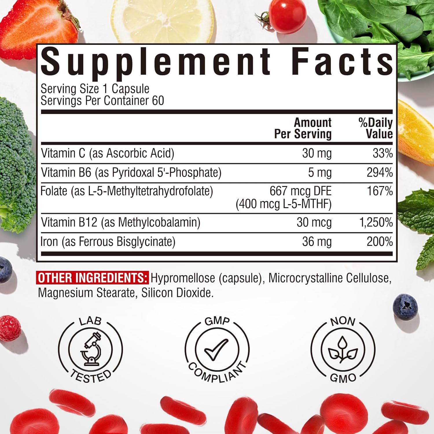 Iron Supplement with Vitamins C, B6, B12 & Folate - Energy Support, Non-GMO, Stomach Friendly - 60 Vegan Capsules