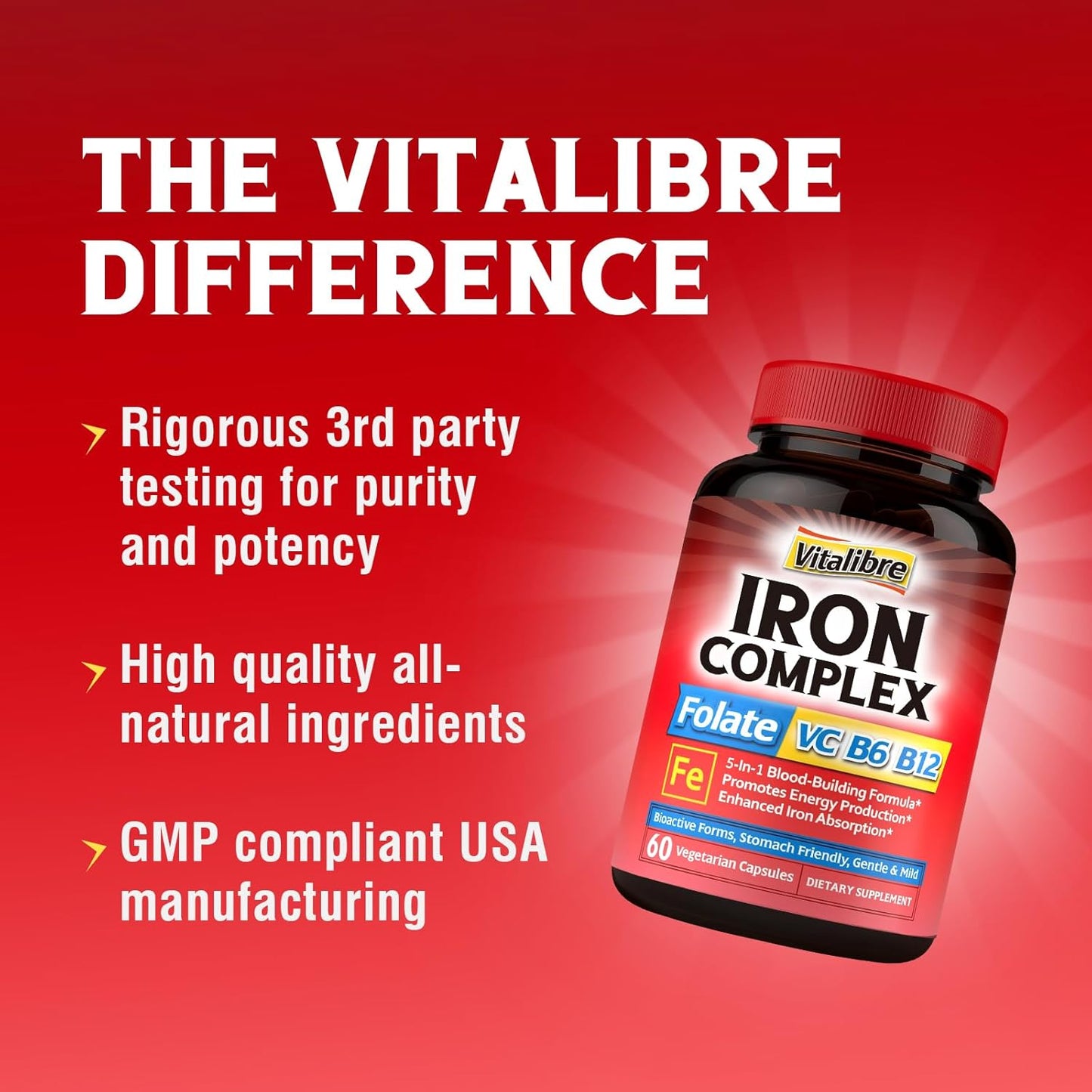 Iron Supplement with Vitamins C, B6, B12 & Folate - Energy Support, Non-GMO, Stomach Friendly - 60 Vegan Capsules