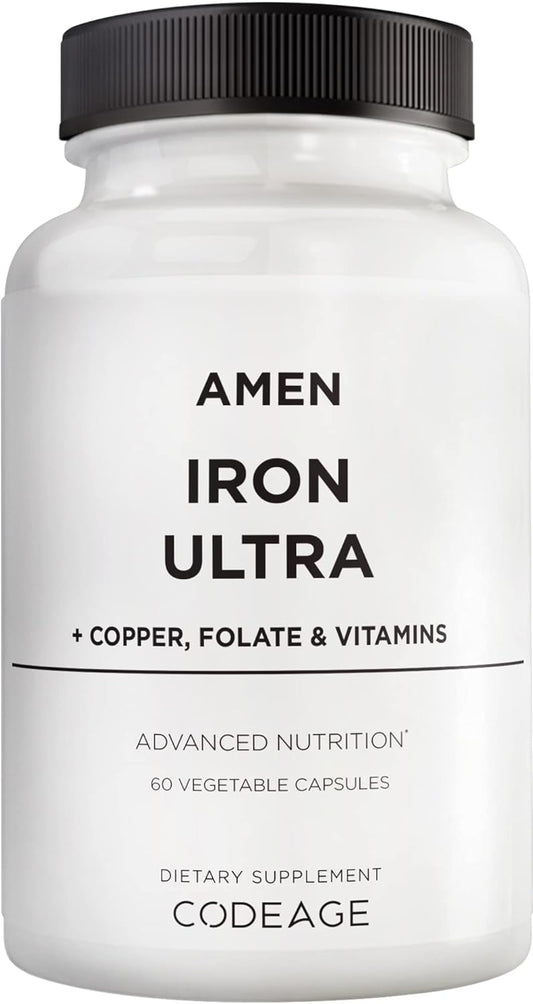 Iron Ultra Supplement with Copper, Folate, Vitamin C, and B12 - 2-Month Supply - 65mg Iron Per Serving - Non-GMO Iron Pills - 60 Capsules