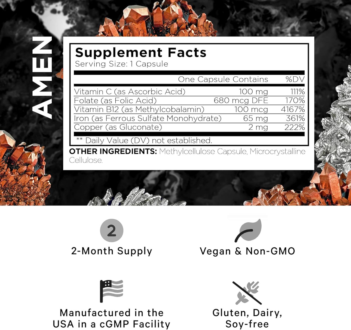 Iron Ultra Supplement with Copper, Folate, Vitamin C, and B12 - 2-Month Supply - 65mg Iron Per Serving - Non-GMO Iron Pills - 60 Capsules