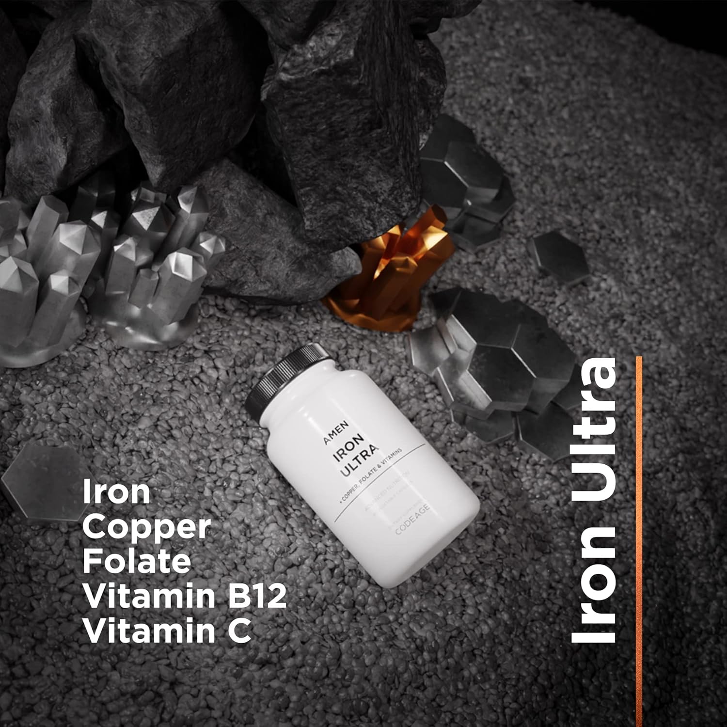 Iron Ultra Supplement with Copper, Folate, Vitamin C, and B12 - 2-Month Supply - 65mg Iron Per Serving - Non-GMO Iron Pills - 60 Capsules