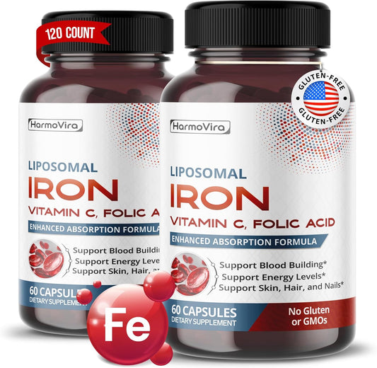 Iron, Vitamin C, Folic Acid, Vitamin B12 Liposomal Supplement for Blood Building and Energy - 120 Day Supply - Made in USA