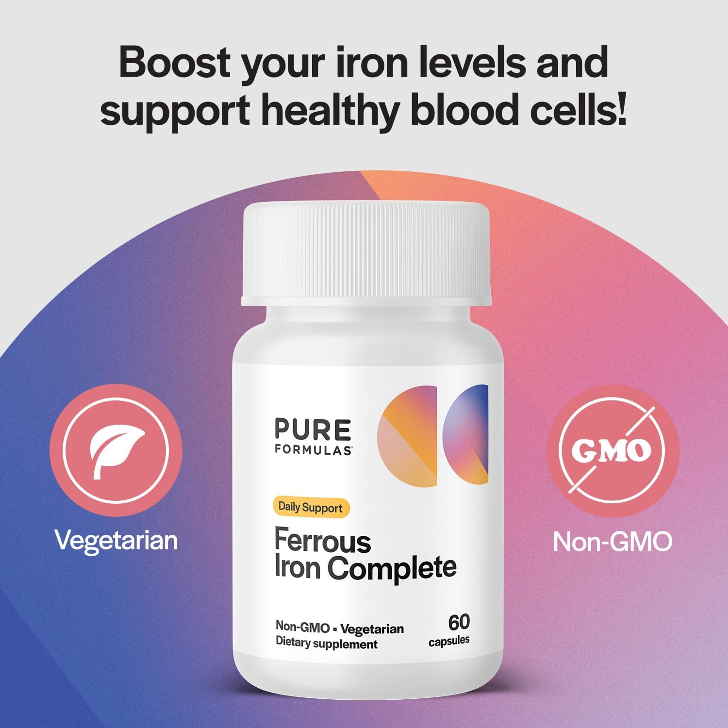 Iron with Vitamin C, B12, B6, Thiamin & Folate for Men & Women - 29mg Blood Support Supplement - 60 Capsules