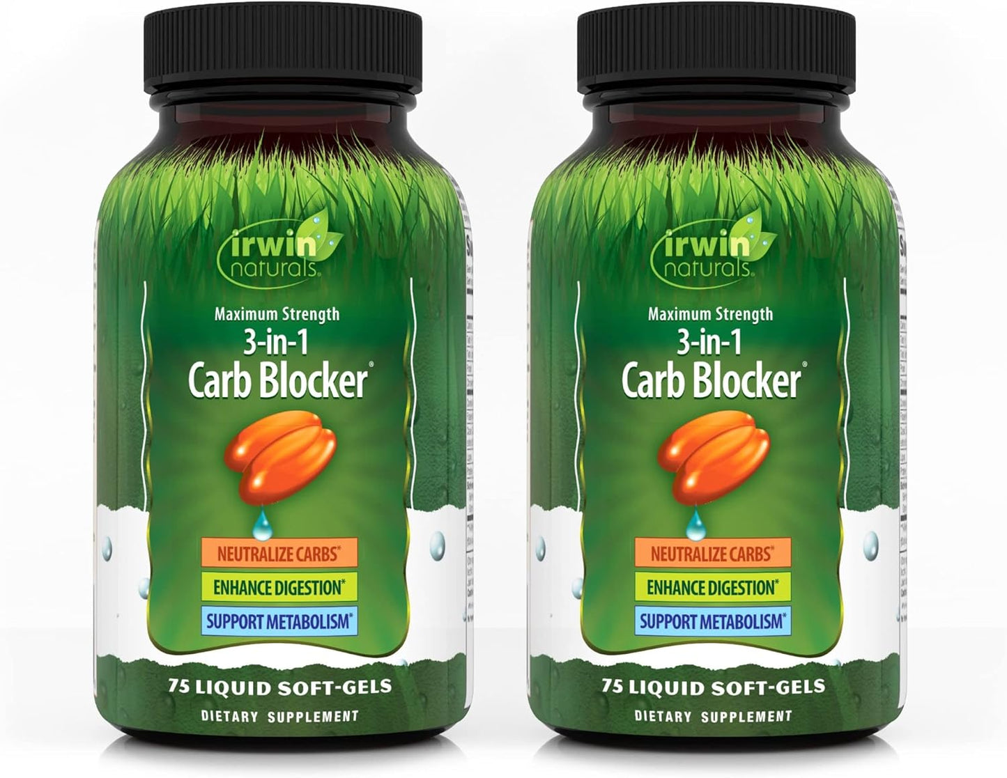 Irwin Naturals 3-in-1 Carb Blocker, Maximum Strength, 75 Liquid Softgels, Supports Metabolism, 2 Pack