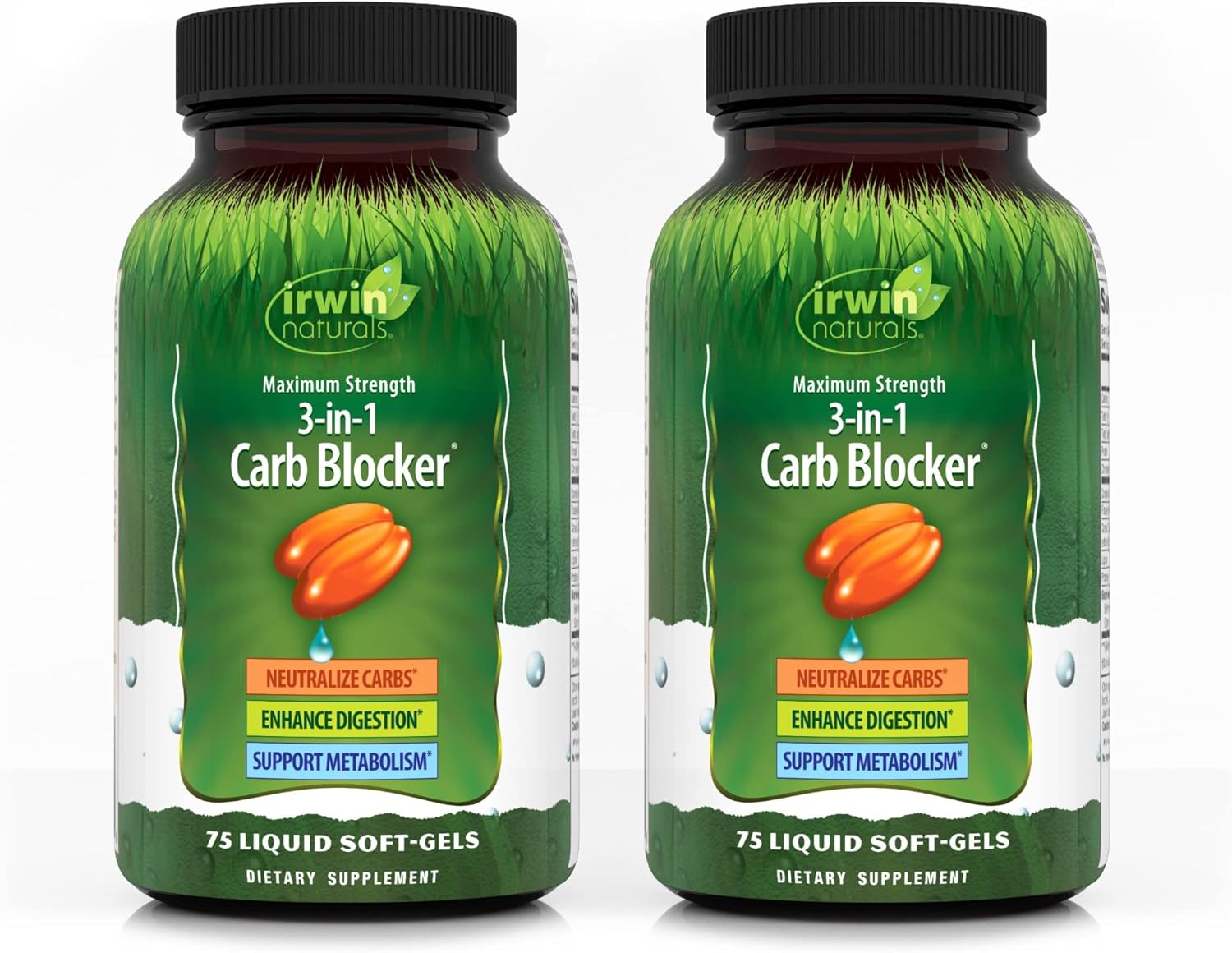 Irwin Naturals 3-in-1 Carb Blocker, Maximum Strength, 75 Liquid Softgels, Supports Metabolism, 2 Pack