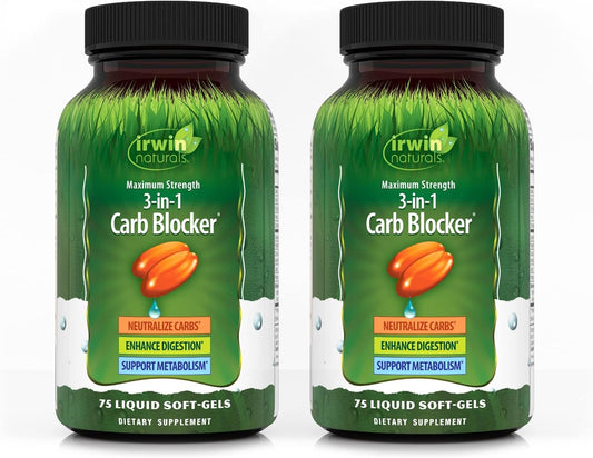 Irwin Naturals 3-in-1 Carb Blocker, Maximum Strength, 75 Liquid Softgels, Supports Metabolism, 2 Pack