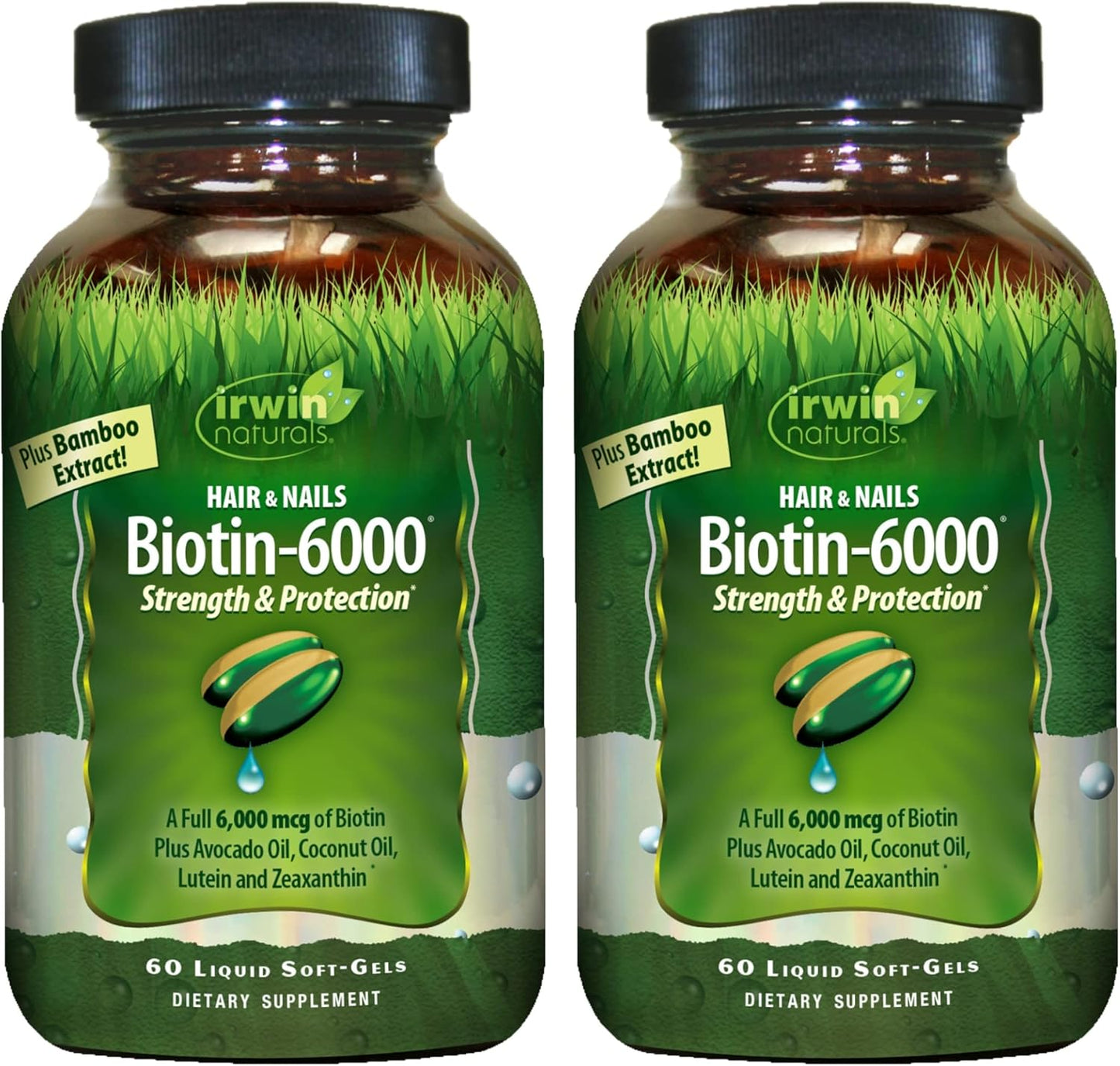 Irwin Naturals Biotin-6000-60 Liquid Soft-Gels, Pack of 2 - Hair & Nail Strength with Avocado & Coconut Oil - 60 Servings