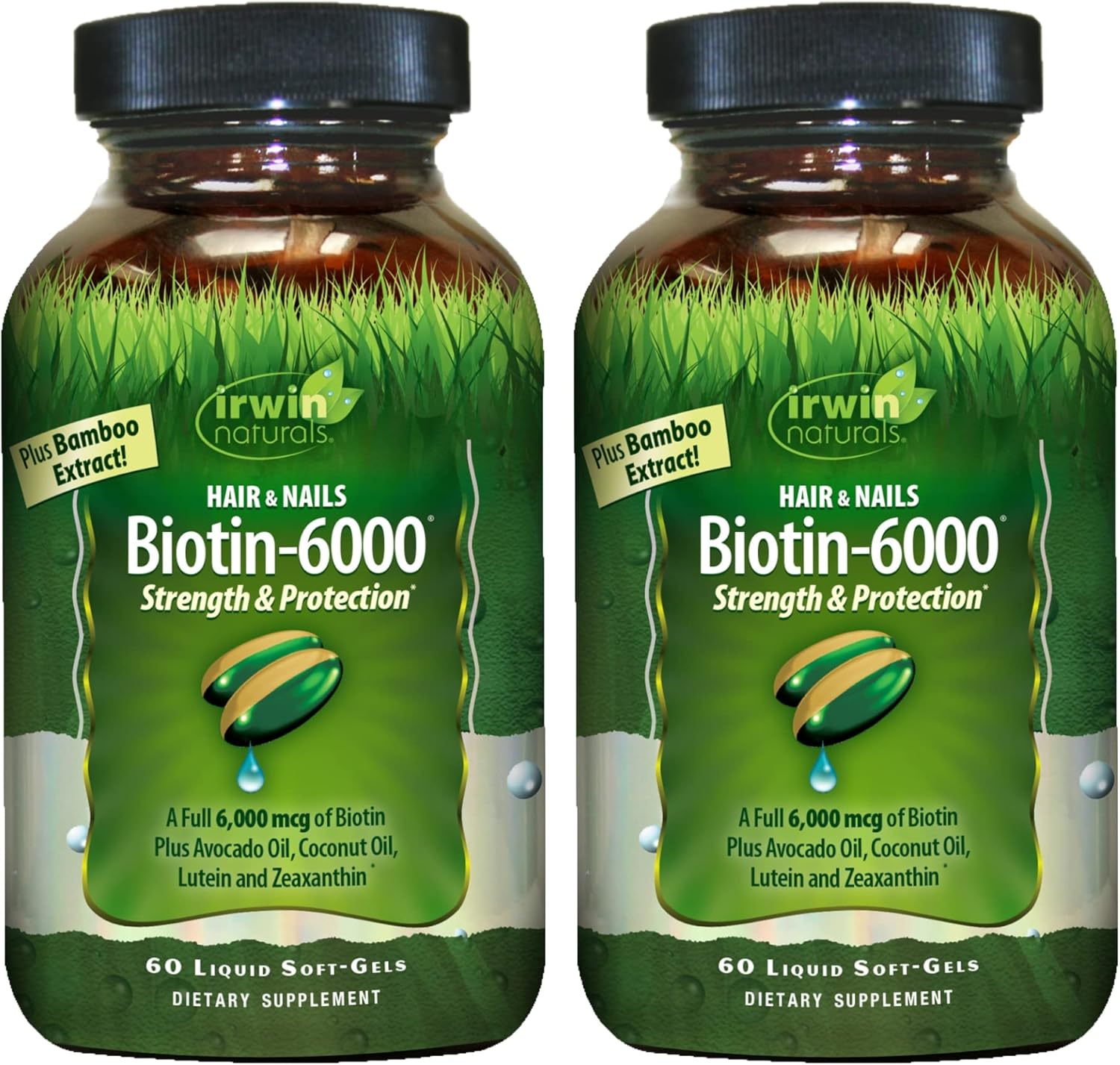 Irwin Naturals Biotin-6000-60 Liquid Soft-Gels, Pack of 2 - Hair & Nail Strength with Avocado & Coconut Oil - 60 Servings