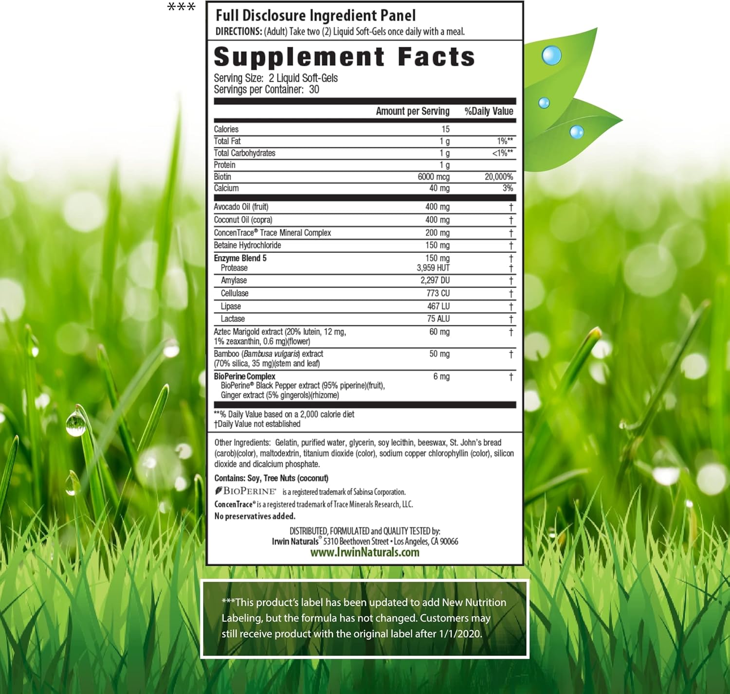 Irwin Naturals Biotin-6000-60 Liquid Soft-Gels, Pack of 2 - Hair & Nail Strength with Avocado & Coconut Oil - 60 Servings