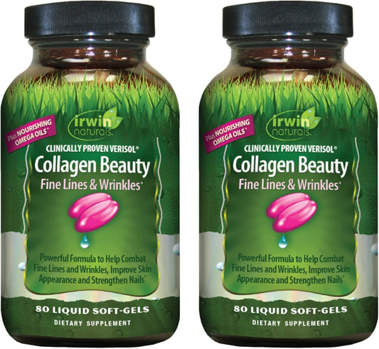 Irwin Naturals Collagen Beauty Softgels, Pack of 2 - Combat Fine Lines & Wrinkles, Improve Skin Appearance & Strengthen Nails - 26 Servings