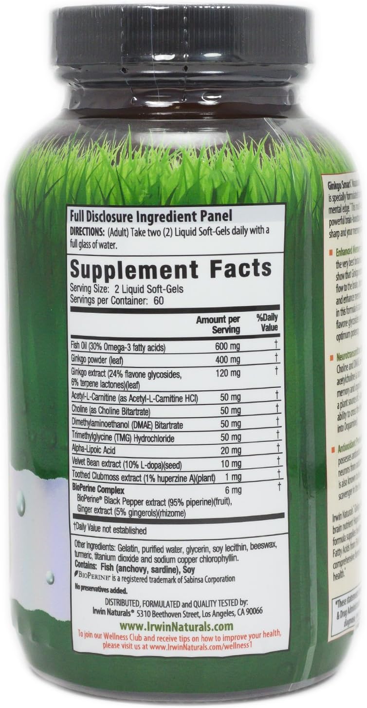 Irwin Naturals Ginkgo Smart 120 Liquid Softgels Supplement for Brain Health and Mental Clarity