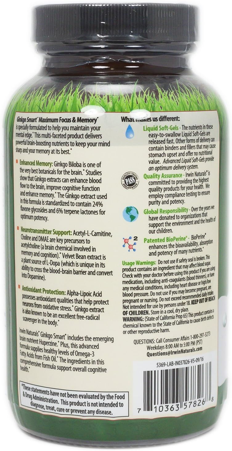 Irwin Naturals Ginkgo Smart 120 Liquid Softgels Supplement for Brain Health and Mental Clarity