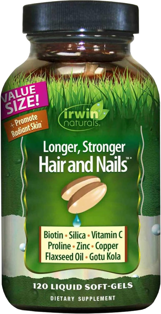 Irwin Naturals Hair and Nails Liquid Softgels - Promotes Stronger, Longer Hair with Enhanced Shine and Texture - 60 Servings