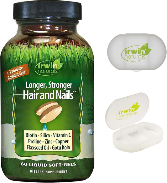 Irwin Naturals Hair and Nails Supplement - Enhances Shine, Texture, and Strength - 60 Liquid Softgels with Pill Case