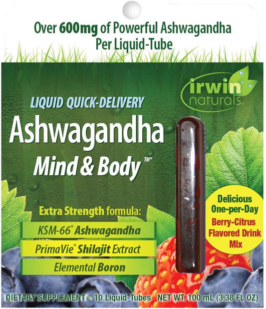 Irwin Naturals Liquid Ashwagandha Boosts Mind & Body Performance - 10 Quick-Delivery Liquid Tubes - Berry-Citrus Flavored Drink Mix - Daily Support
