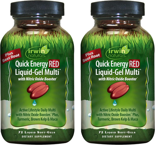 Irwin Naturals Quick Energy RED Liquid-Gel Multi Supplement - 144 Liquid Soft-Gels with Nitric Oxide Booster & Superfoods - 72 Servings per Pack