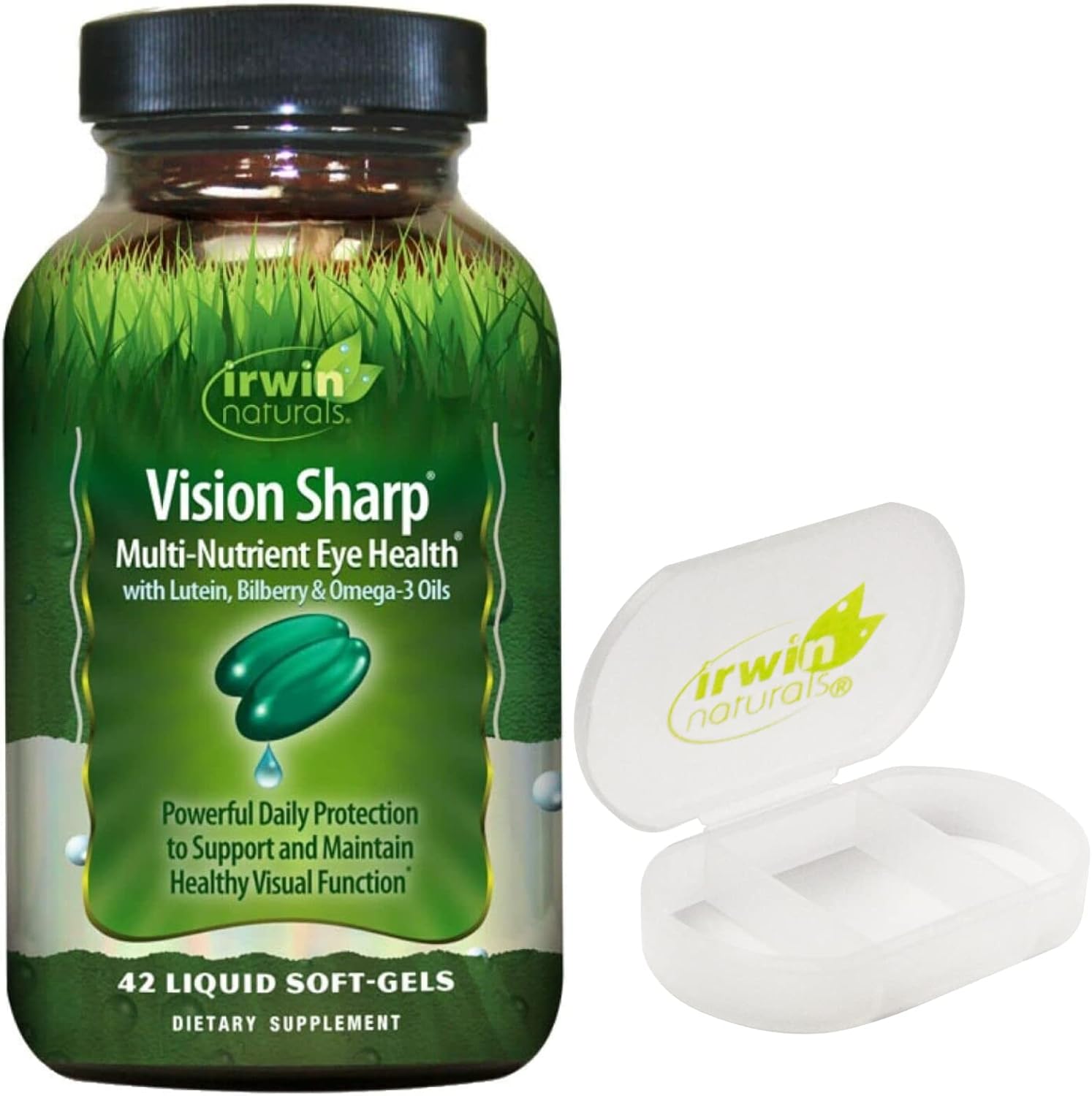 Irwin Naturals Vision Sharp Eye Health Supplement Bundle - 42 Liquid Softgels + Pill Case for Multi-Nutrient Support