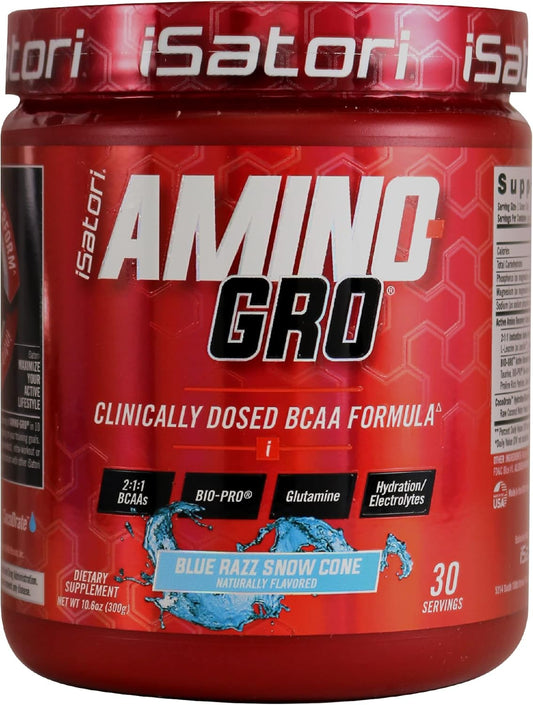 iSatori Amino-GRO BCAA Powder: Muscle Growth & Recovery Supplement, Blue Razz Snow Cone Flavor, 30 Servings