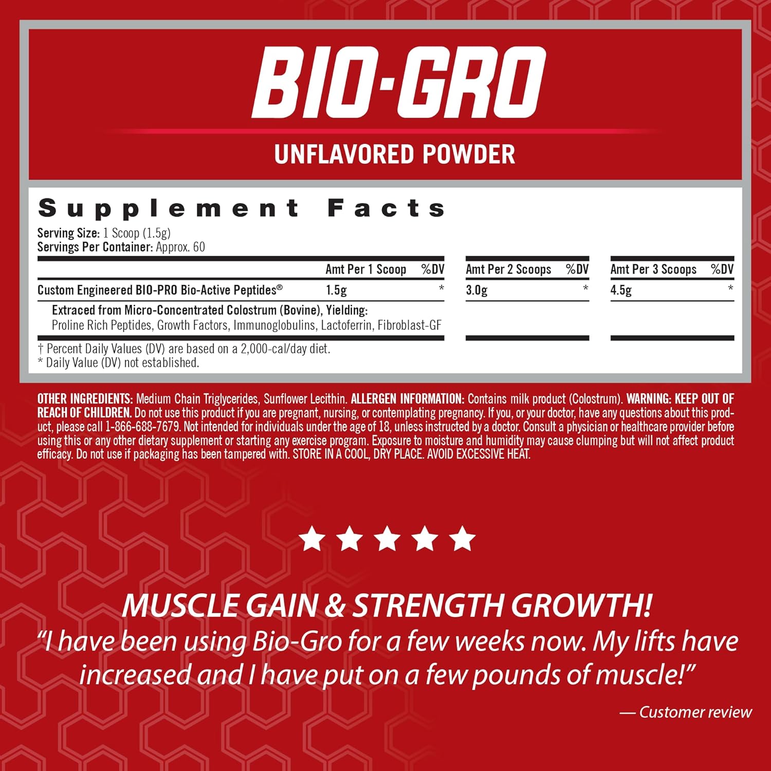 iSatori BIO-GRO Muscle Recovery & Growth Protein Synthesis Amplifier - 60 Servings, Enhanced Stimulant Free Pre Workout & Colostrum Supplement - Bio-Active Peptides, Unflavored