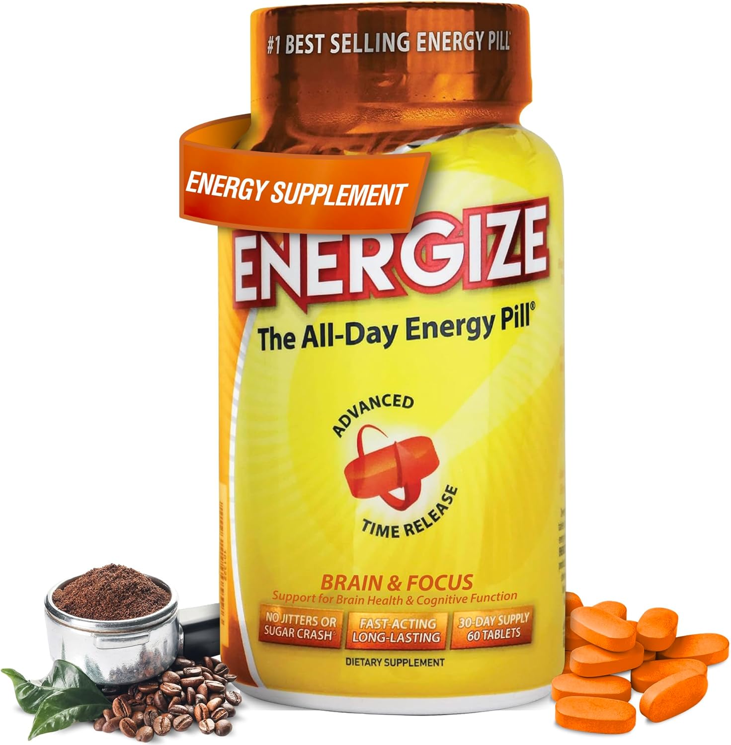 iSatori Energize Brain & Focus Caffeine Pills - All Day Energy Booster with Time Release Caffeine for Enhanced Focus and Performance (60 Tablets)