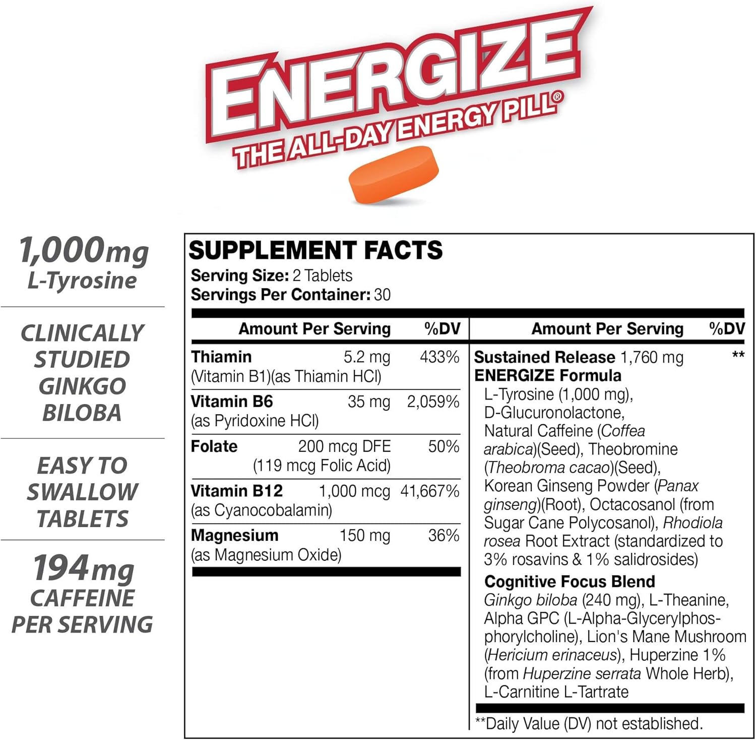 iSatori Energize Brain & Focus Caffeine Pills - All Day Energy Booster with Time Release Caffeine for Enhanced Focus and Performance (60 Tablets)
