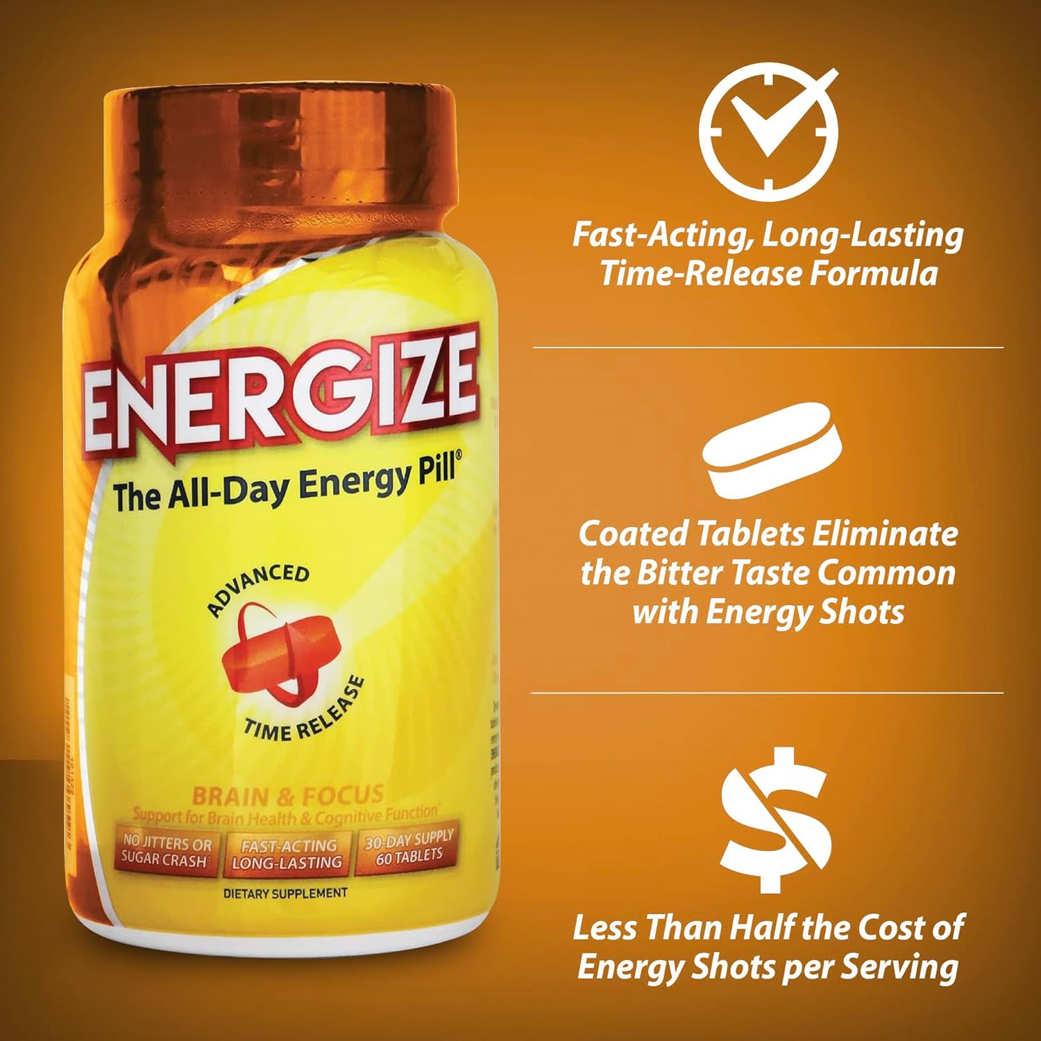 iSatori Energize Brain & Focus Caffeine Pills - All Day Energy Booster with Time Release Caffeine for Enhanced Focus and Performance (60 Tablets)