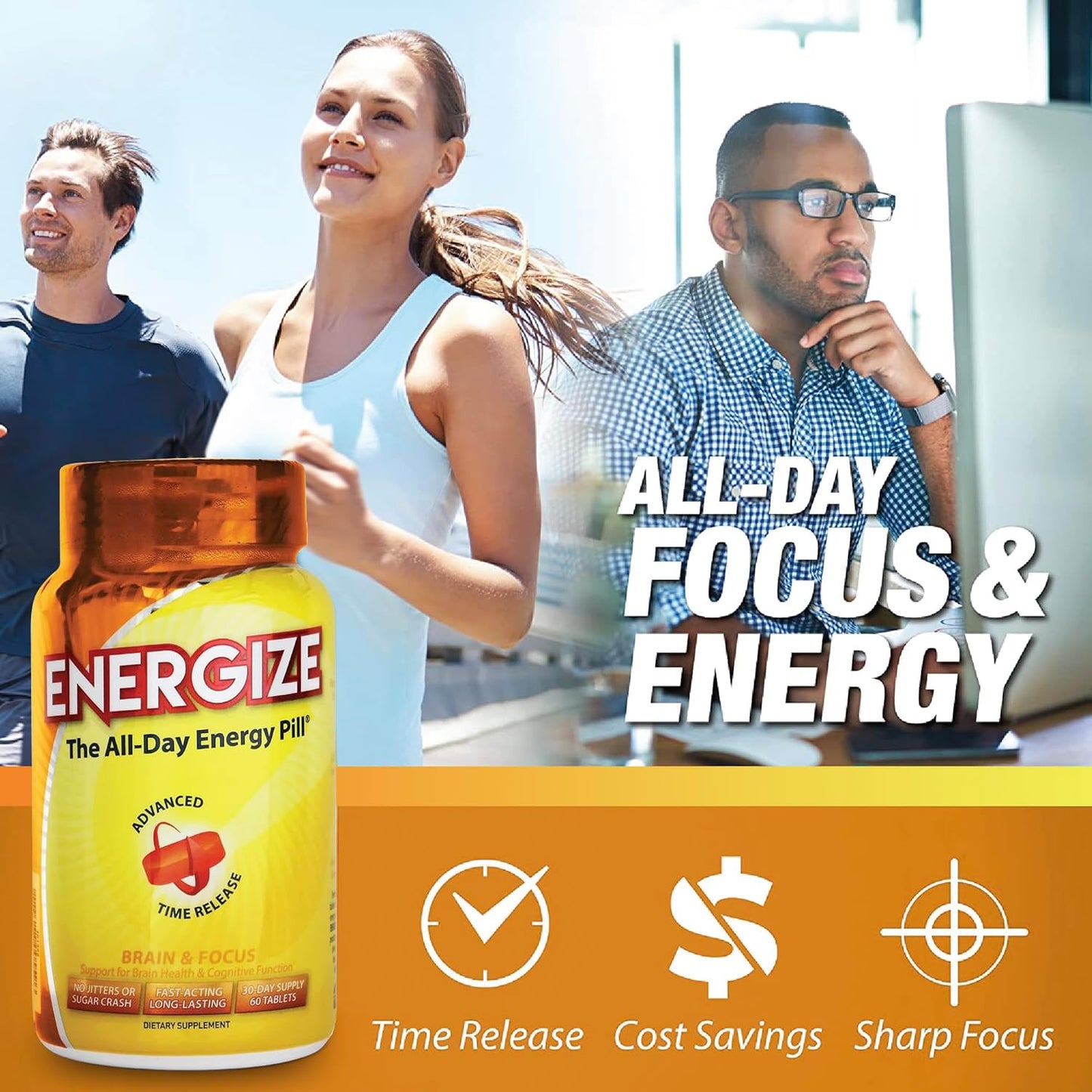 iSatori Energize Brain & Focus Caffeine Pills - All Day Energy Booster with Time Release Caffeine for Enhanced Focus and Performance (60 Tablets)