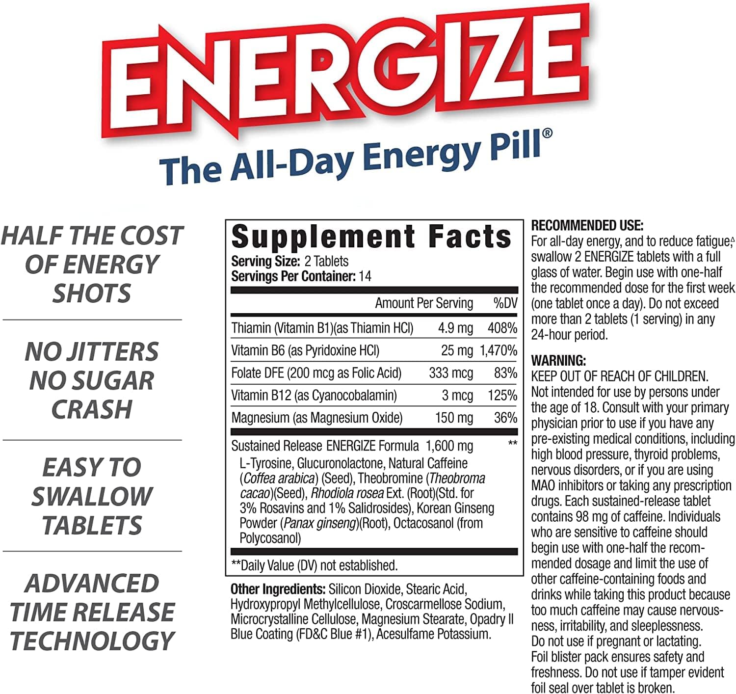 iSatori Energize Caffeine Pills - Fast-Acting Energy Supplement for Improved Focus and Performance - 28 Time-Released Tablets for All-Day Energy and Clarity