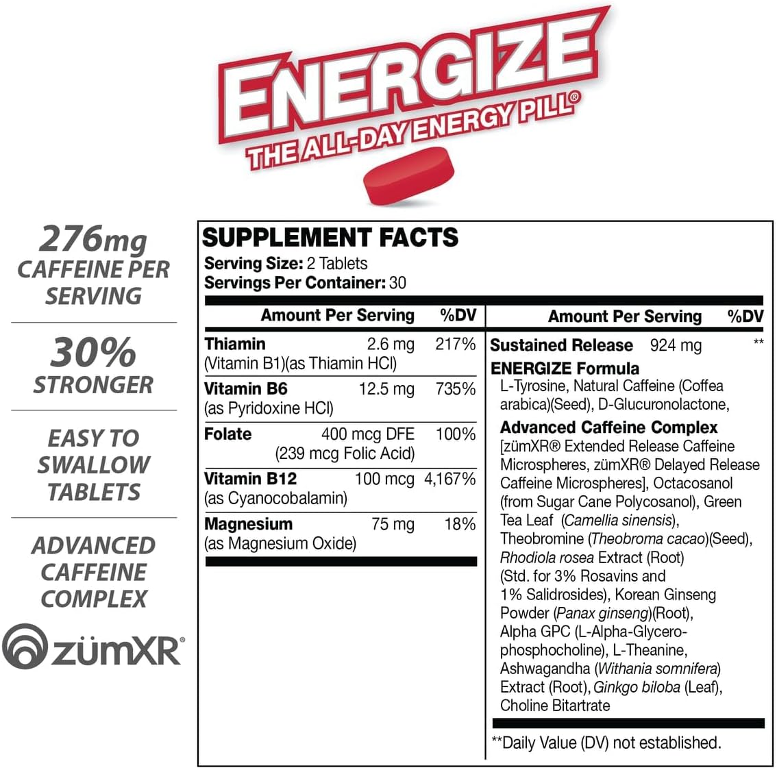 iSatori Energize Extra Strength Caffeine Pills - Long-Lasting Energy with Extended Release - Improved Clarity & Support for Men & Women - No Jitters, No Crash - 60 Tablets
