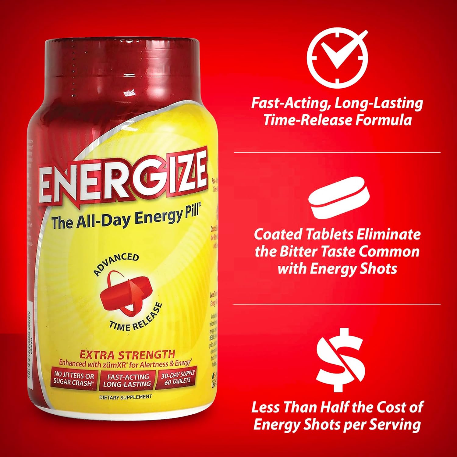 iSatori Energize Extra Strength Caffeine Pills - Long-Lasting Energy with Extended Release - Improved Clarity & Support for Men & Women - No Jitters, No Crash - 60 Tablets