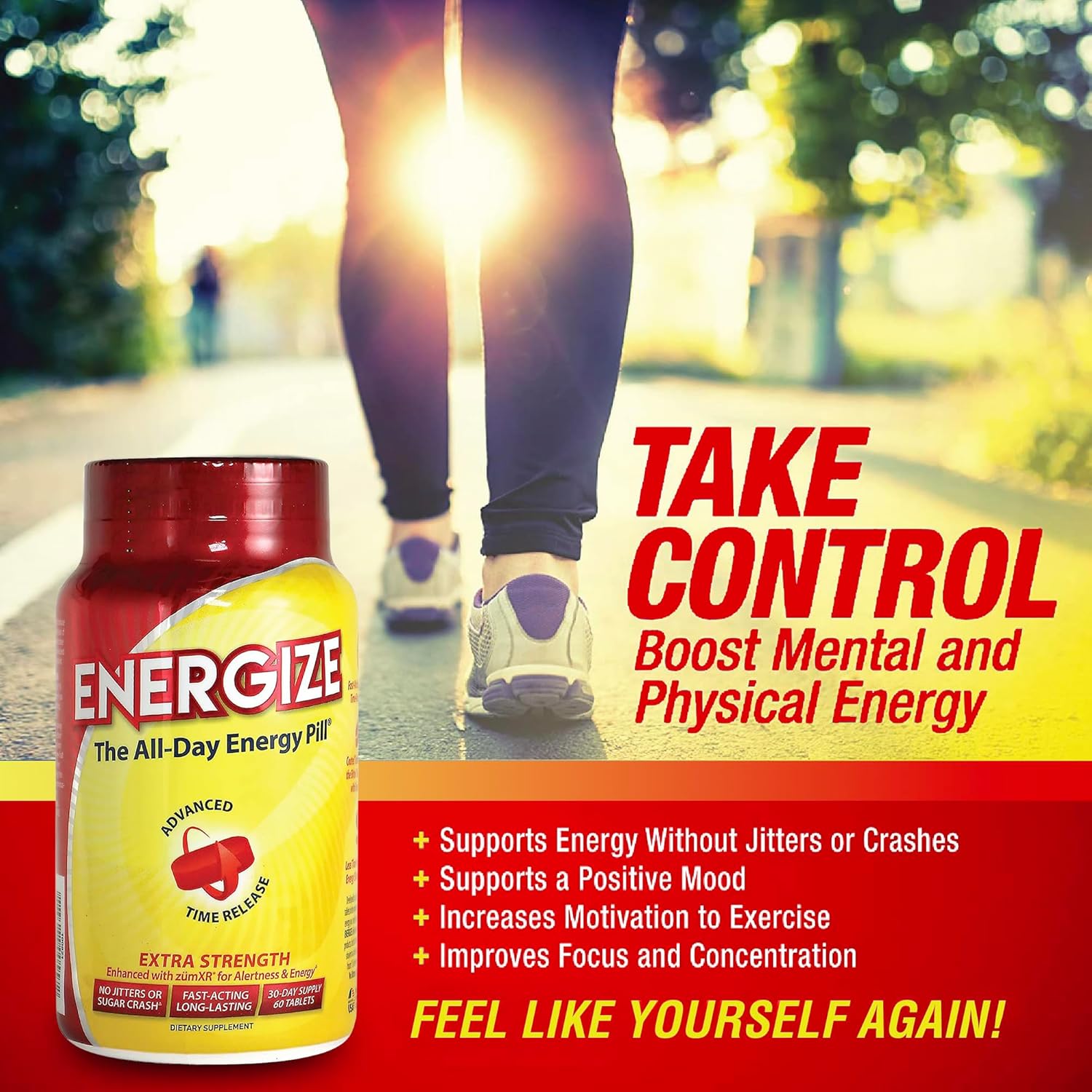 iSatori Energize Extra Strength Caffeine Pills - Long-Lasting Energy with Extended Release - Improved Clarity & Support for Men & Women - No Jitters, No Crash - 60 Tablets