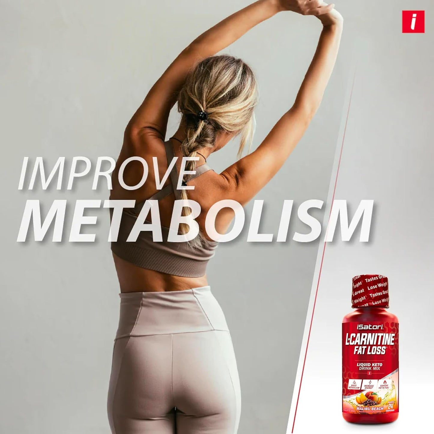 iSatori L-Carnitine 1500 Liquid Supplement for Stimulant-Free Energy, Keto-Friendly Malibu Beach Flavor, Triple-Blend with Acetyl & Tartrate - 24 Servings