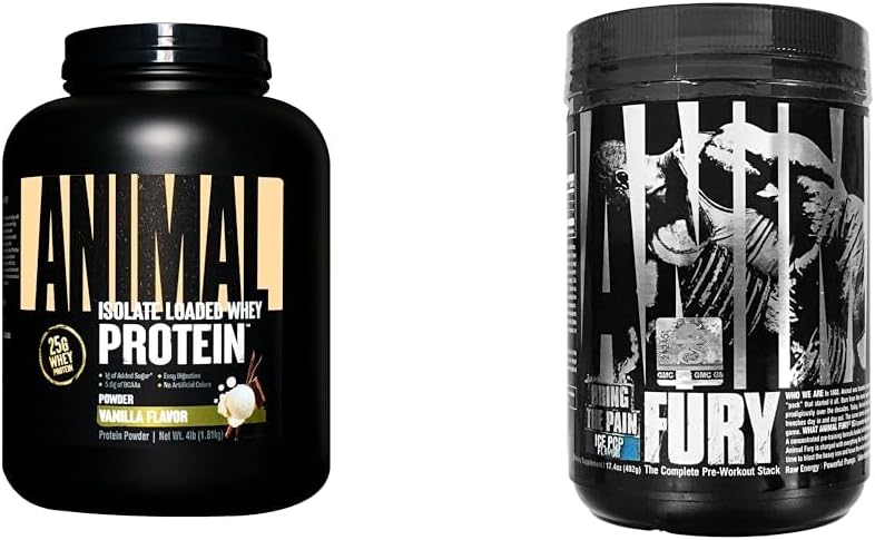 Isolate Loaded Animal Whey Protein Powder for Post Workout Recovery with Fury Pre Workout Supplement for Energy and Focus