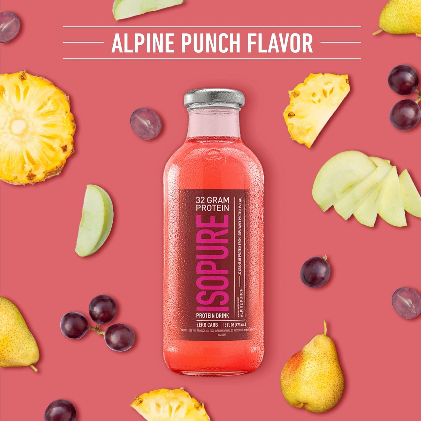 Isopure Clear Protein Drink, Alpine Punch, Zero Carb, 32g Protein, 16 Fl Oz, 12 Pack