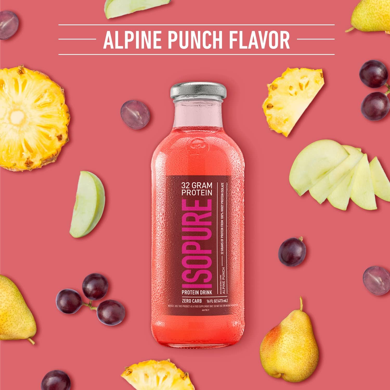 Isopure Clear Protein Drink, Alpine Punch, Zero Carb, 32g Protein, 16 Fl Oz, 12 Pack