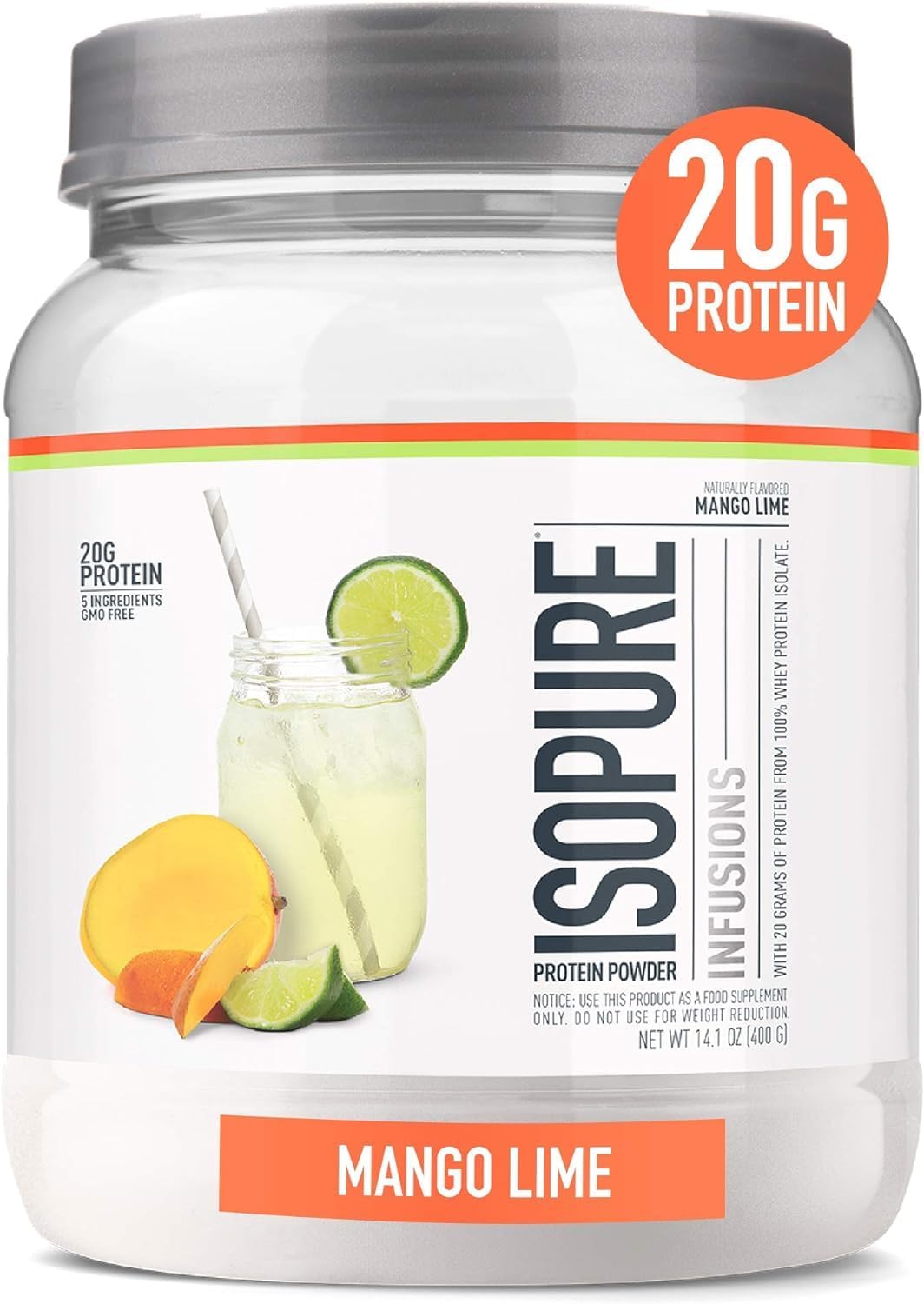 Isopure Clear Whey Isolate Protein Powder - Mango Lime Flavor, 20g Protein, 14.1 Oz Canister, Gluten & Lactose Free, 16 Servings