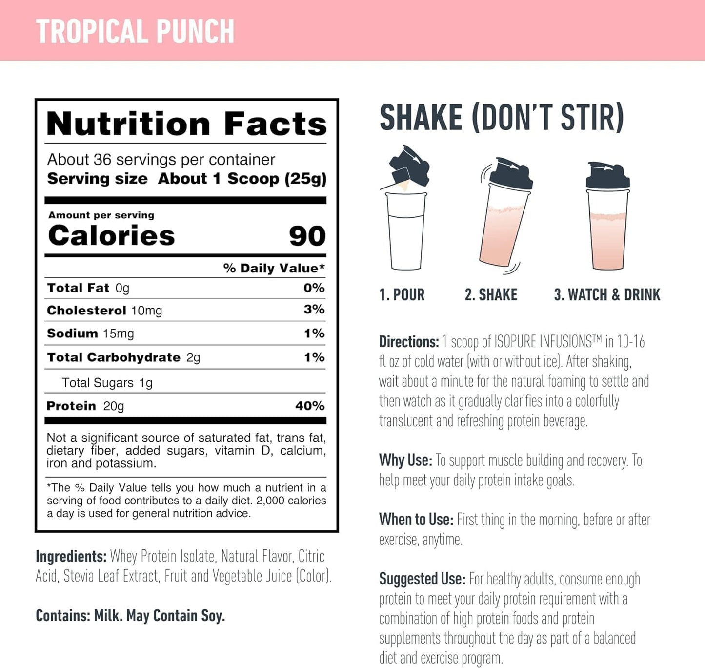 Isopure Clear Whey Isolate Protein Powder - Tropical Punch Flavor, 1.9 lbs, 20g Protein, Lactose & Gluten Free