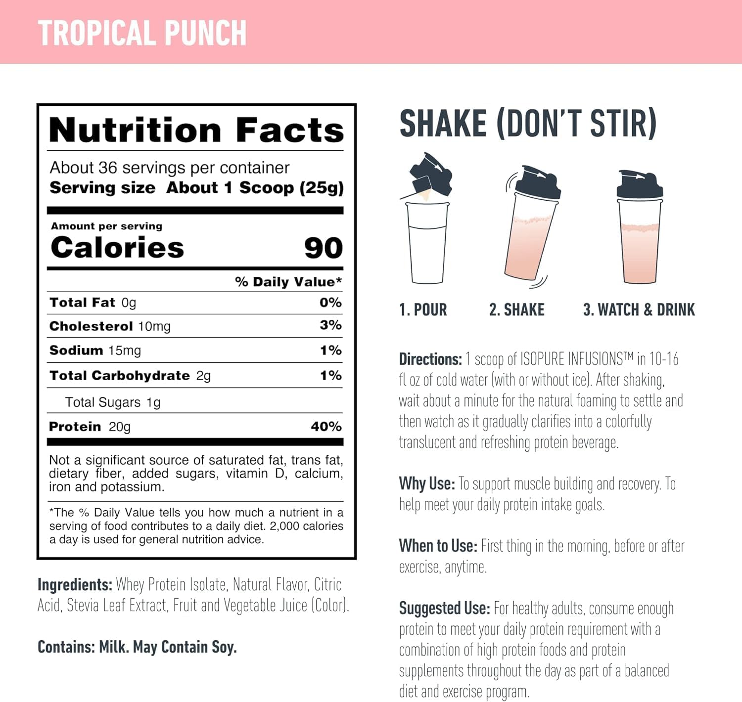 Isopure Clear Whey Isolate Protein Powder - Tropical Punch Flavor, 1.9 lbs, 20g Protein, Lactose & Gluten Free