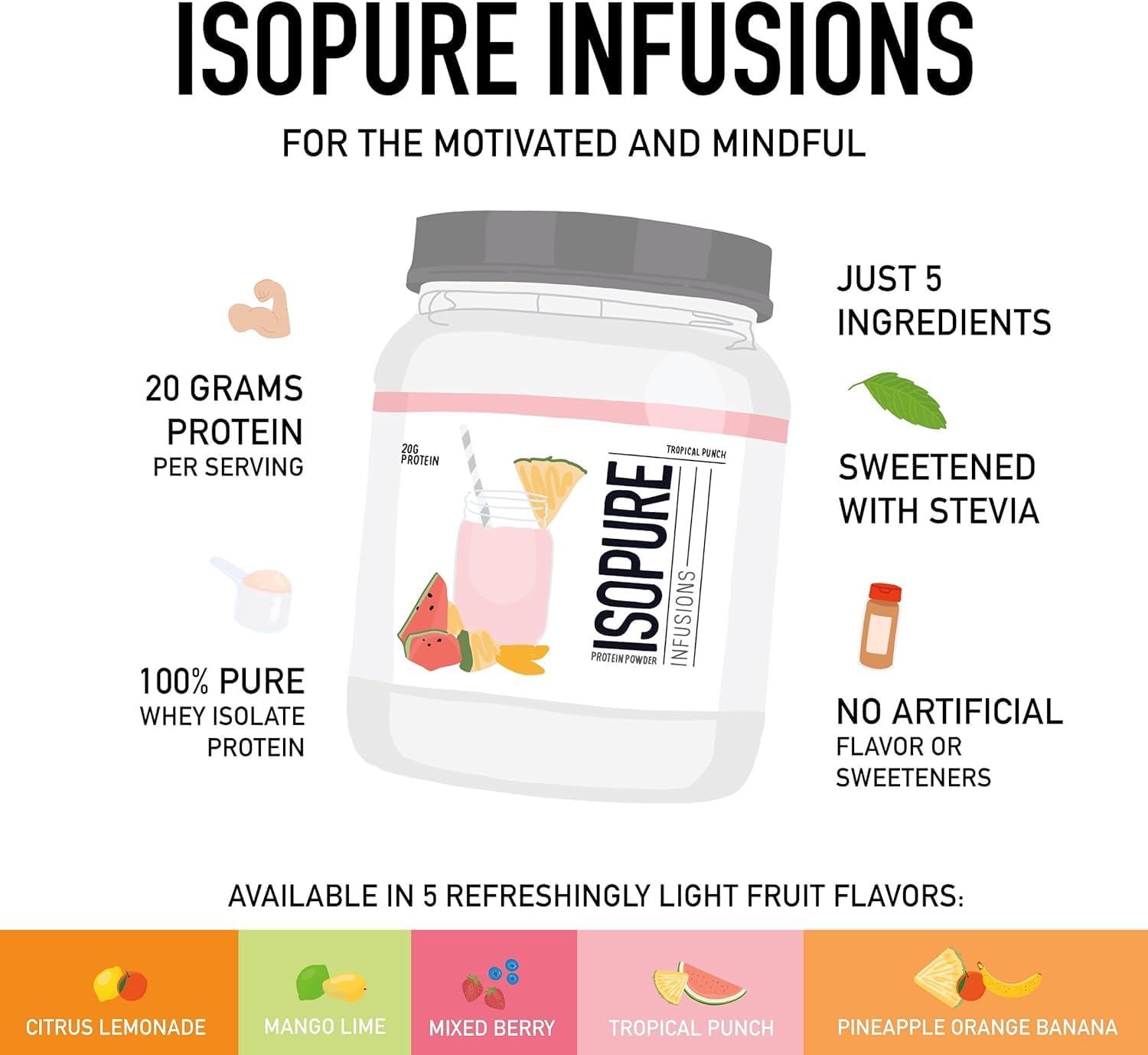Isopure Clear Whey Isolate Protein Powder Infusions - Tropical Punch Flavor, 20g Protein Per Serving, 14.1 Oz