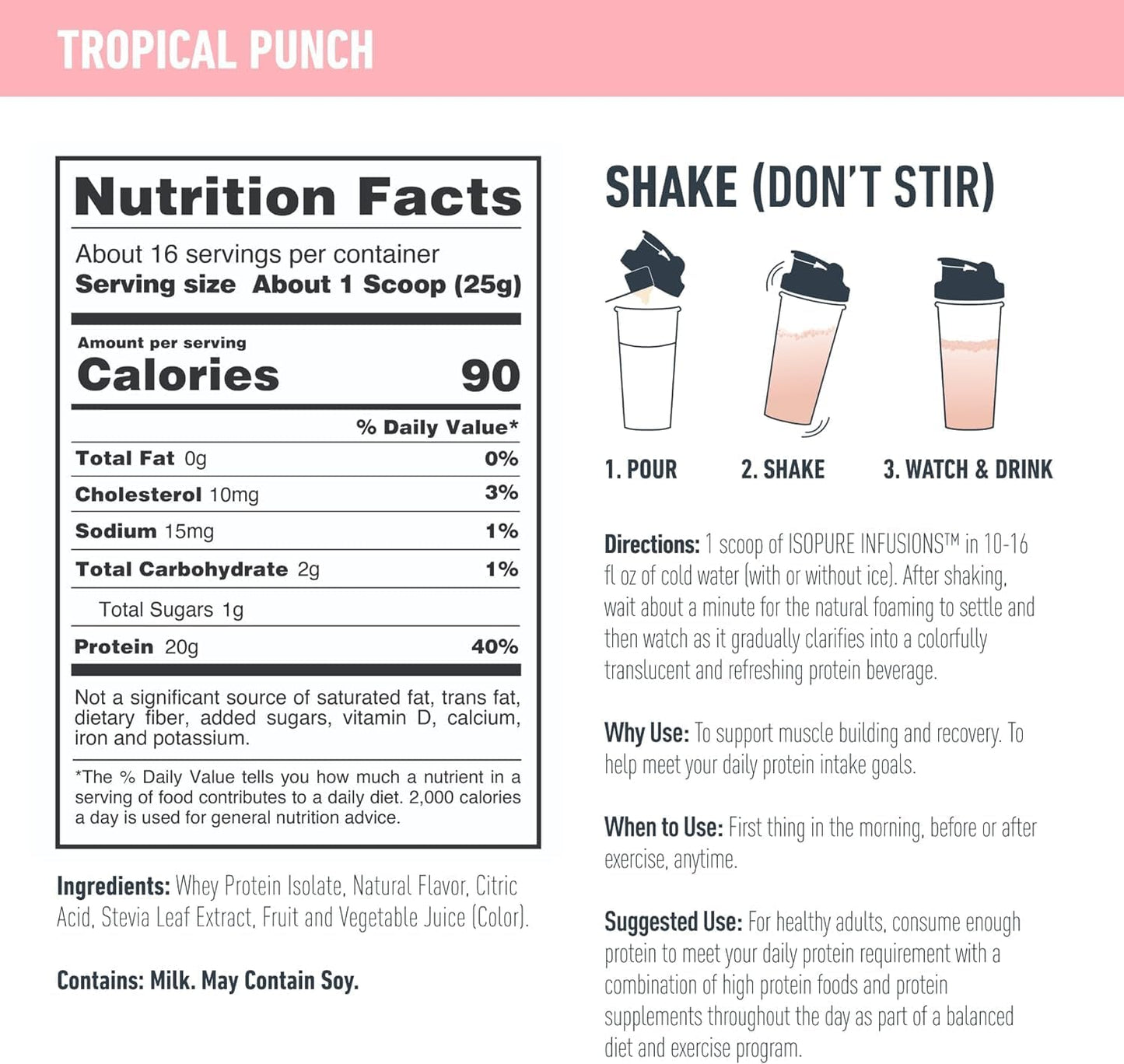 Isopure Clear Whey Isolate Protein Powder Infusions - Tropical Punch Flavor, 20g Protein Per Serving, 14.1 Oz