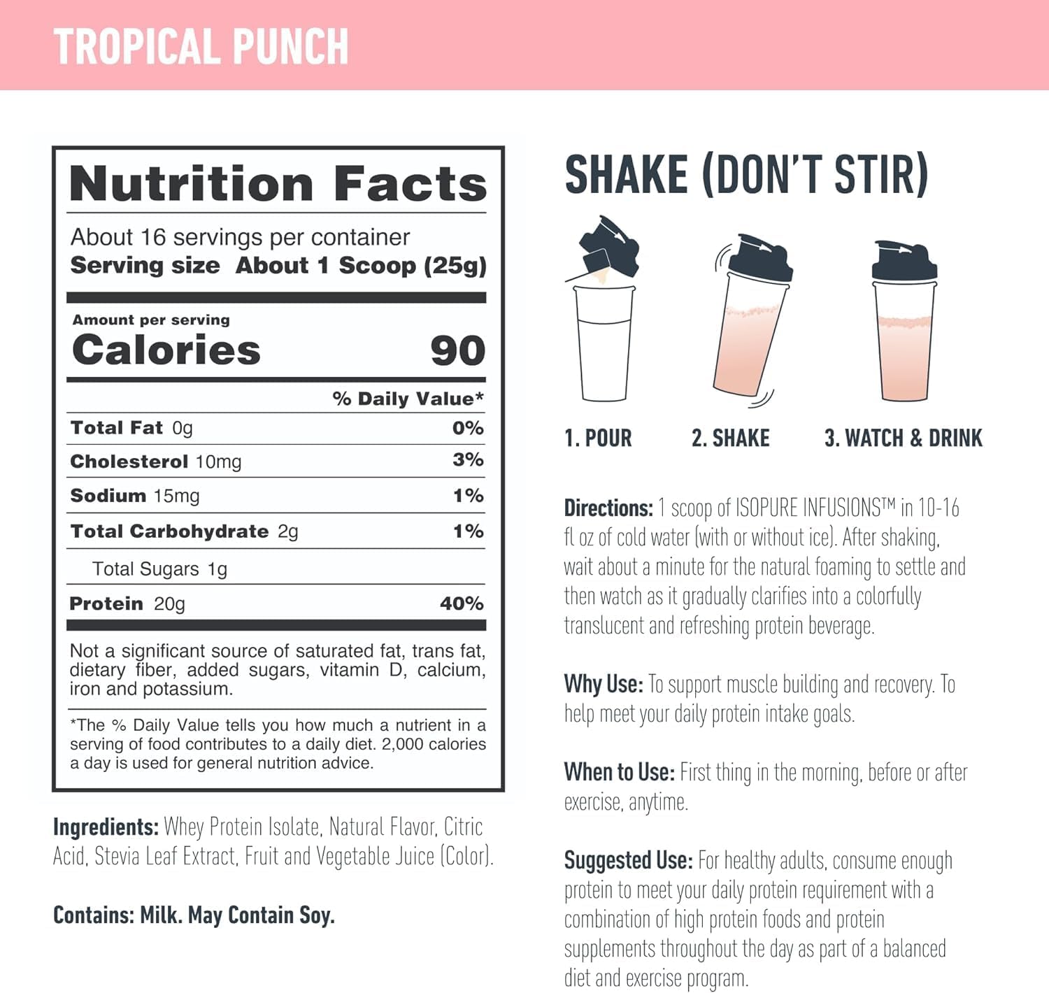 Isopure Clear Whey Isolate Protein Powder Infusions - Tropical Punch Flavor, 20g Protein Per Serving, 14.1 Oz