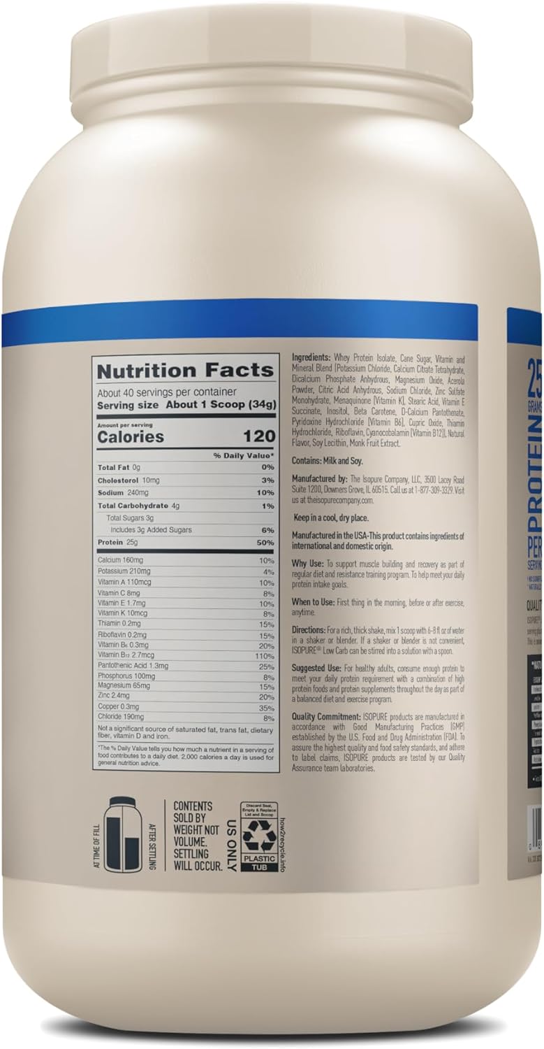 Isopure Low Carb Vanilla Whey Isolate Protein Powder - Lactose & Gluten Free, 25g Protein Per Serving, 3 Lbs