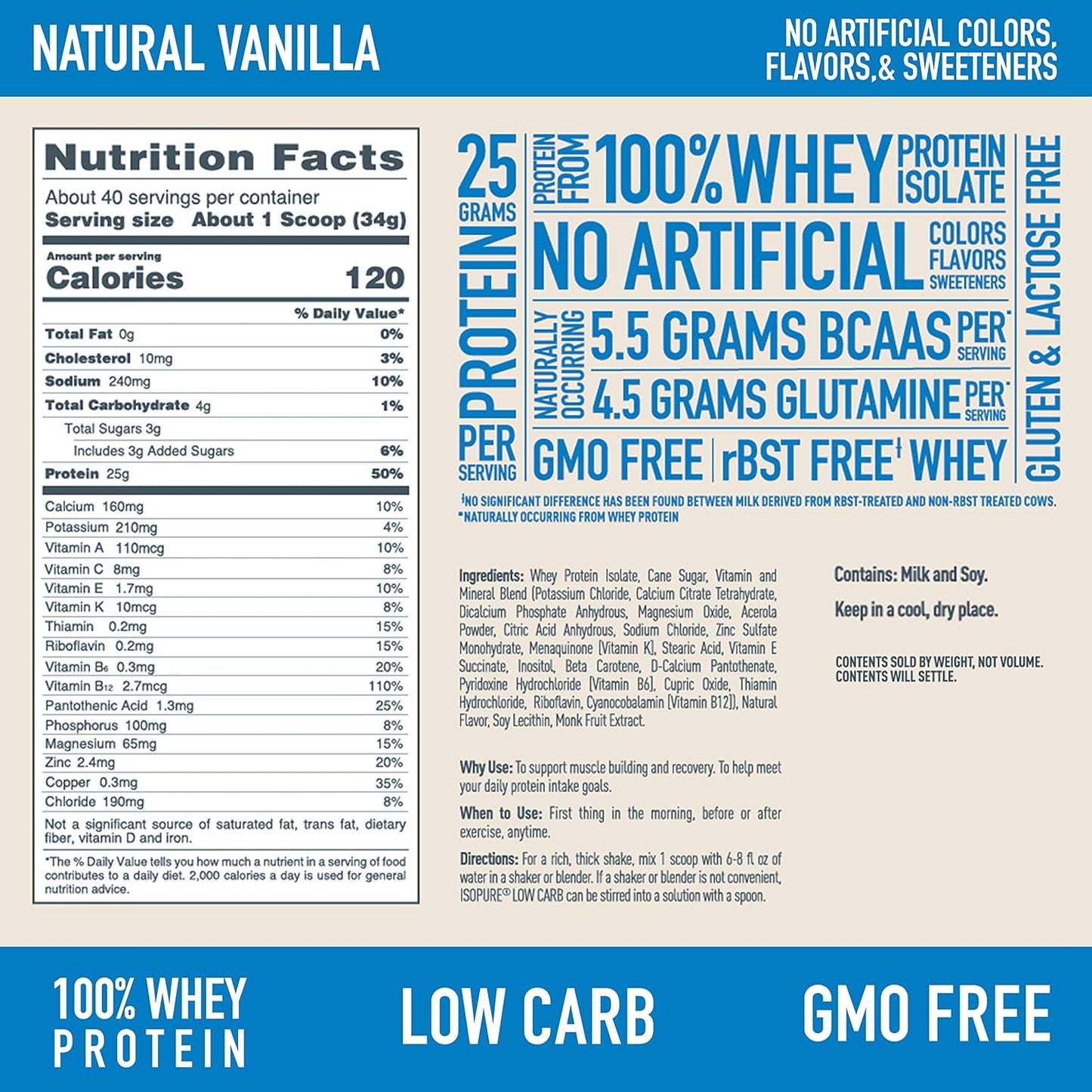 Isopure Low Carb Vanilla Whey Isolate Protein Powder - Lactose & Gluten Free, 25g Protein Per Serving, 3 Lbs