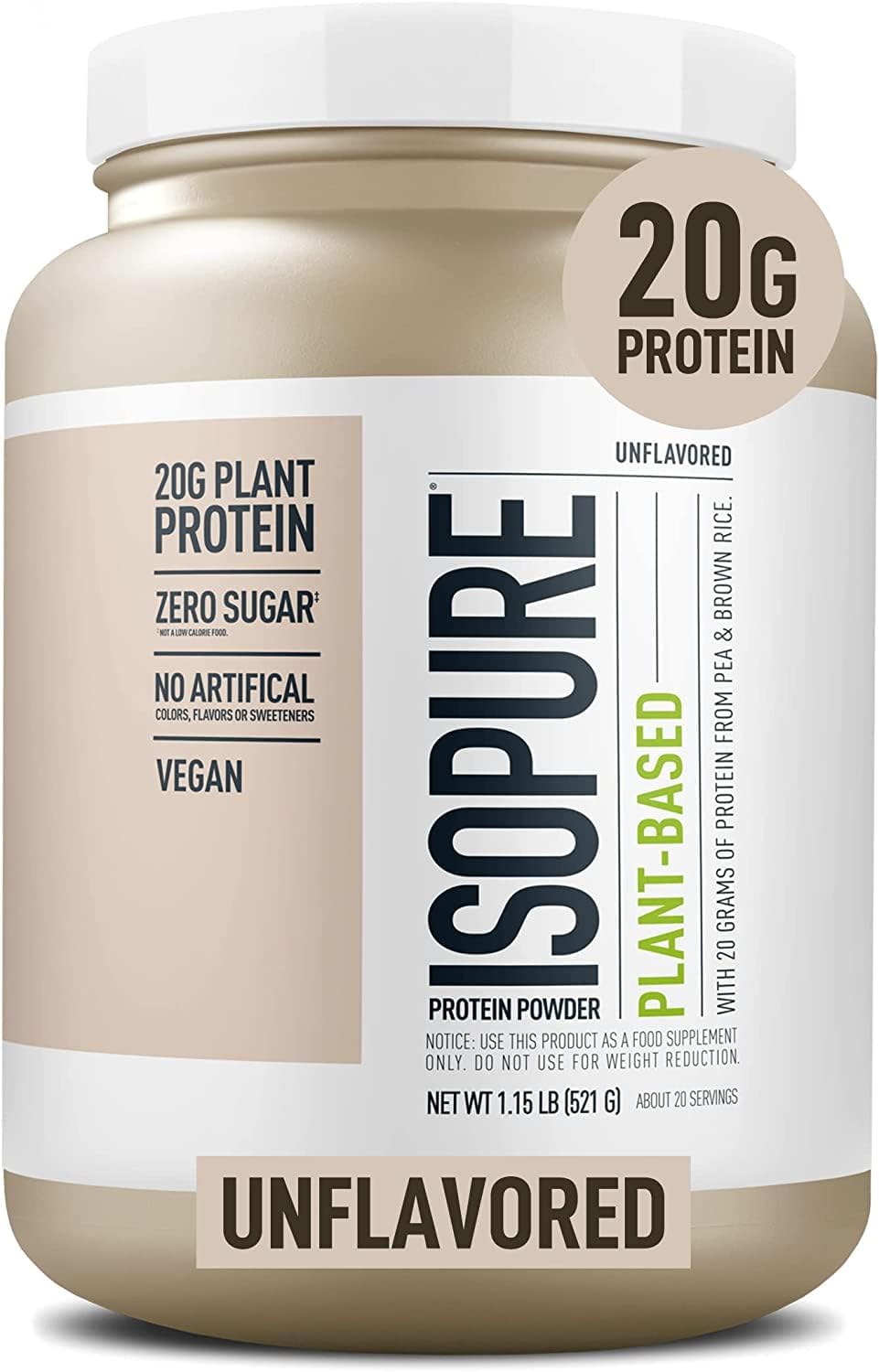 Isopure Plant-Based Protein Powder - Lactose & Gluten Free, Iron Fortified, Unflavored - 20g Protein, 1.15 Lbs