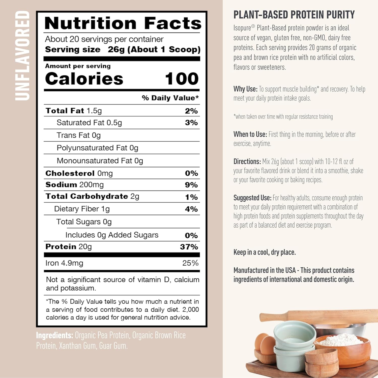 Isopure Plant-Based Protein Powder - Lactose & Gluten Free, Iron Fortified, Unflavored - 20g Protein, 1.15 Lbs