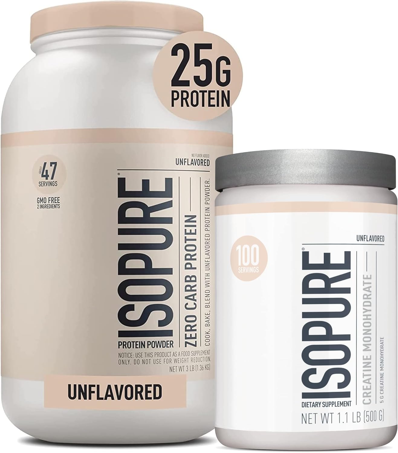 Isopure Unflavored Bundle: Whey Protein Isolate and Creatine Monohydrate - 47 Servings and 100 Servings