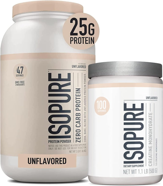 Isopure Unflavored Bundle: Whey Protein Isolate and Creatine Monohydrate - 47 Servings and 100 Servings