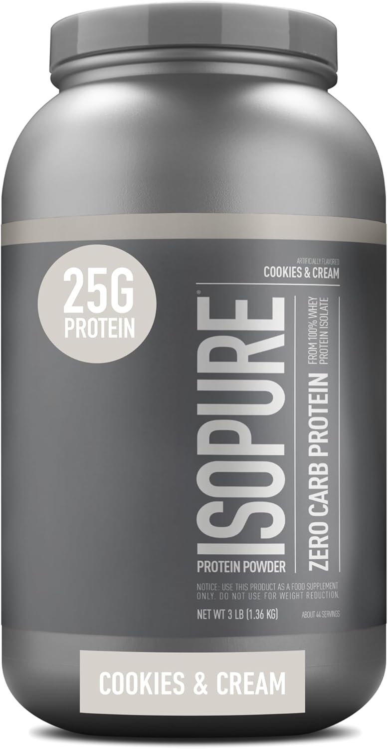 Isopure Zero Carb Cookies & Cream Whey Isolate Protein Powder, 25g Protein, 3 Lbs, 44 Servings, Lactose & Gluten Free with Vitamins