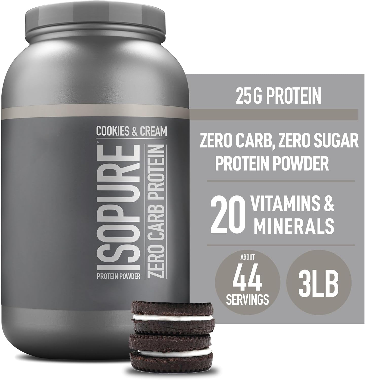 Isopure Zero Carb Cookies & Cream Whey Isolate Protein Powder, 25g Protein, 3 Lbs, 44 Servings, Lactose & Gluten Free with Vitamins
